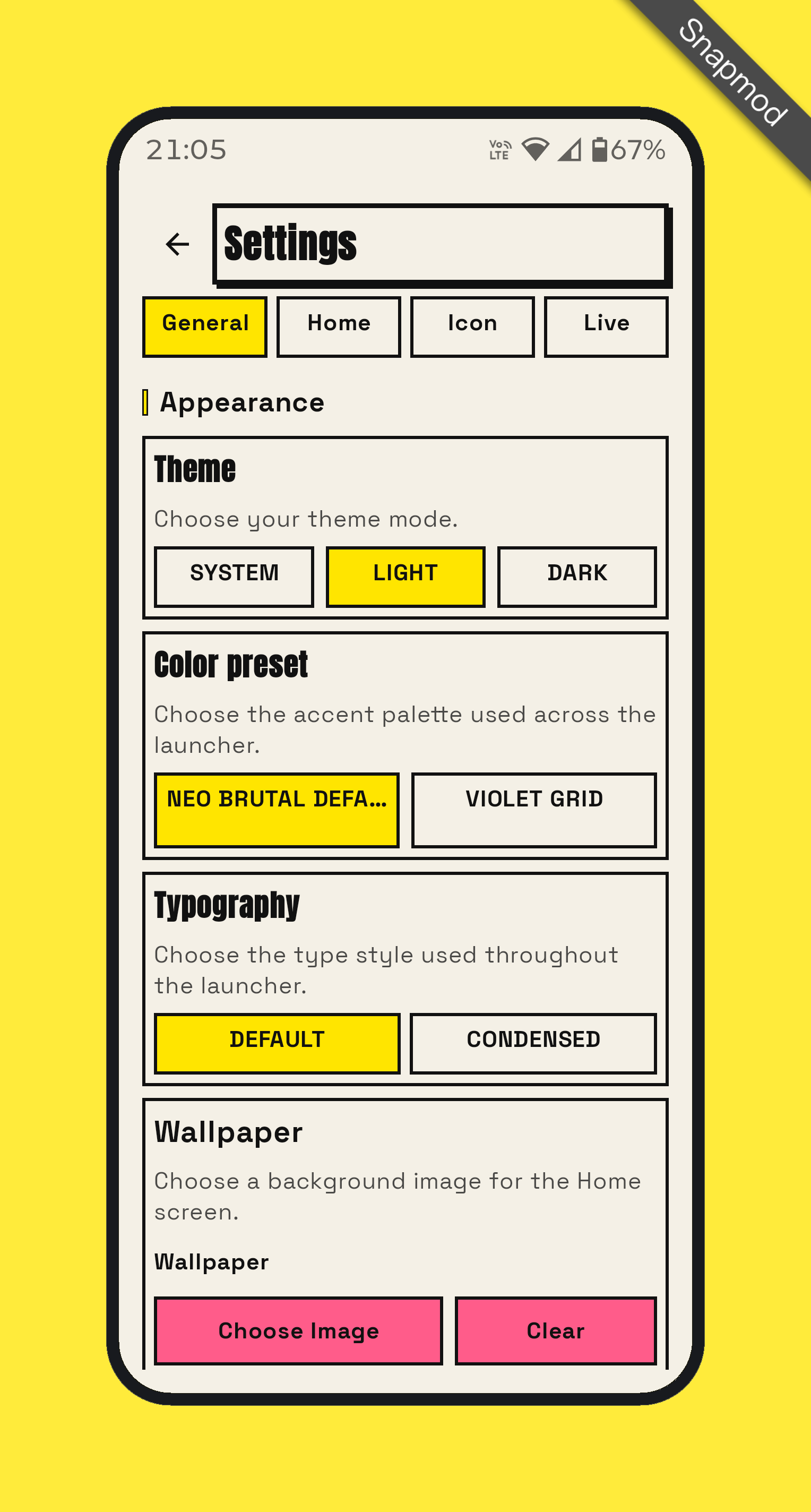 NB Launcher settings screen
